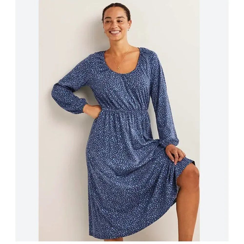 Boden Womens Jersey Midi Dress UK 12 US 8 Blue Floral Scoop Neck D0282 NWT